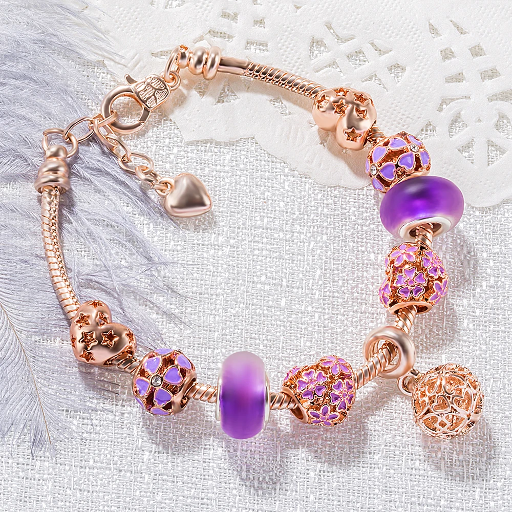 

Adjustable Rose Gpld European beads Charm Bracelets For Women Girl With Snake Chain Brand Bracelets & Bangles Jewelry BS236
