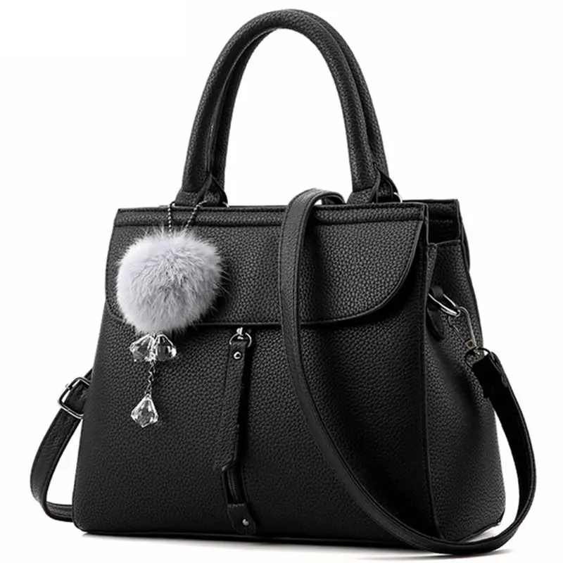 

TFTP-Women fur ball ornaments totes zipper medium handbag lady party purse new shoulder messenger crossbody bags(Black)