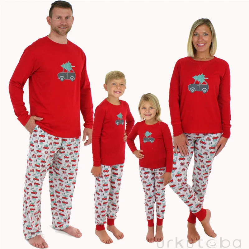 Новый Семейные комплекты детская мама папа Рождественская пижама с длинными рукавами и круглым вырезом хлопковые комплекты