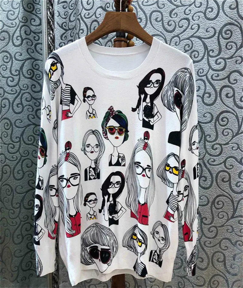 

New Fashion Women Sweaters Full Sleeve O-Neck Printed Sweater Knitted Pullovers Computer Loose Tops Feminino Pageant
