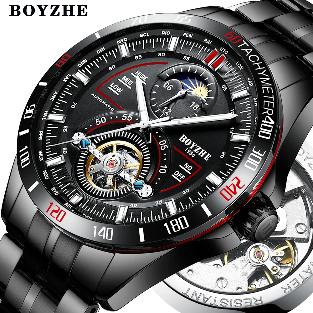 BOYZHE hombres automático mecánico moda superior marca deporte relojes Tourbillon Luna fase reloj de acero inoxidable - 1