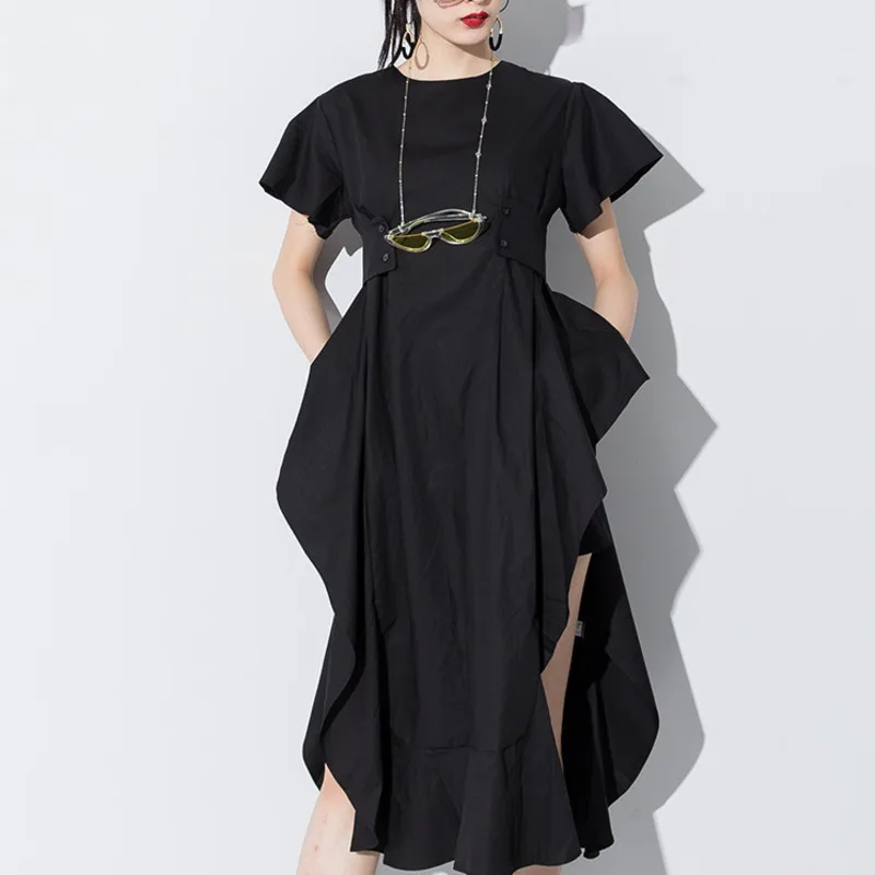 

LANMERM 2019 Spring Summer Short Sleeve Asmmetrical High Waist High Vent Dress For Women Female Black White Cloth Vestido WD712