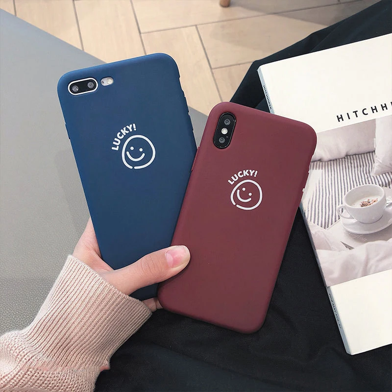 

Korean Style Simple Smiling Face Case Cover For iPhone XS Max XR Luxury Wine Red Blue Phone Case For iphone 6 6s 7 8 plus Fundas