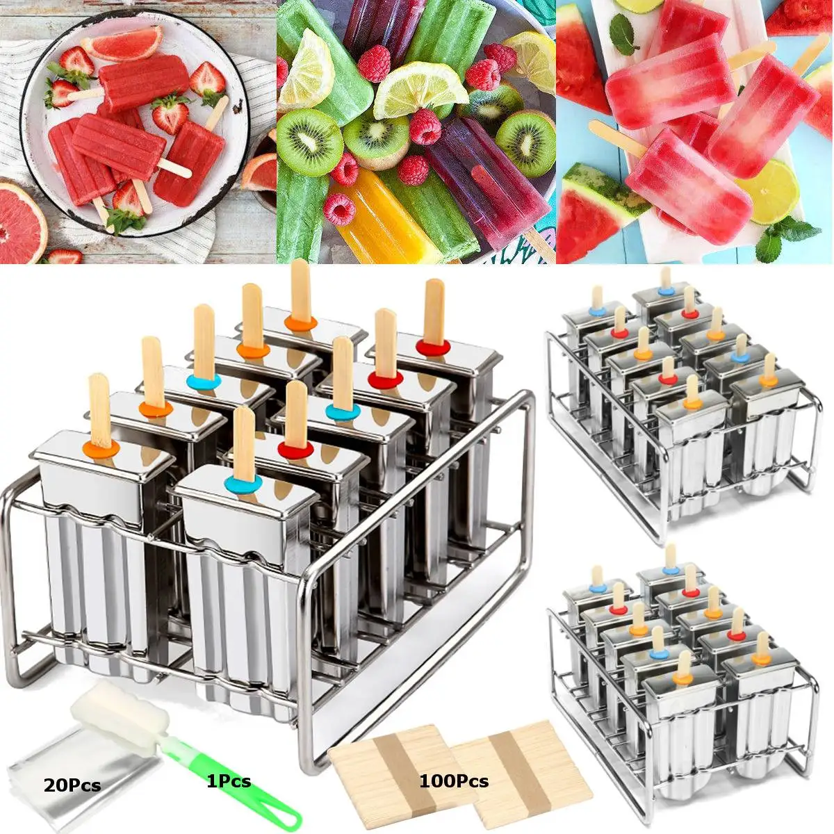 

10 Molds Stainless Steel Reusable Ice Cream Making Mould Popsicle Mold DIY Ice Cream Maker Molding Machine+100Pcs Wood Stick