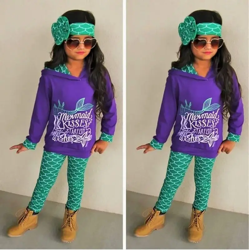 Одежда для маленьких девочек эксклюзивная детская одежда с русалочкой, топы с капюшоном и штаны комплект одежды из 3 предметов для От 2 до 6 лет на выбор