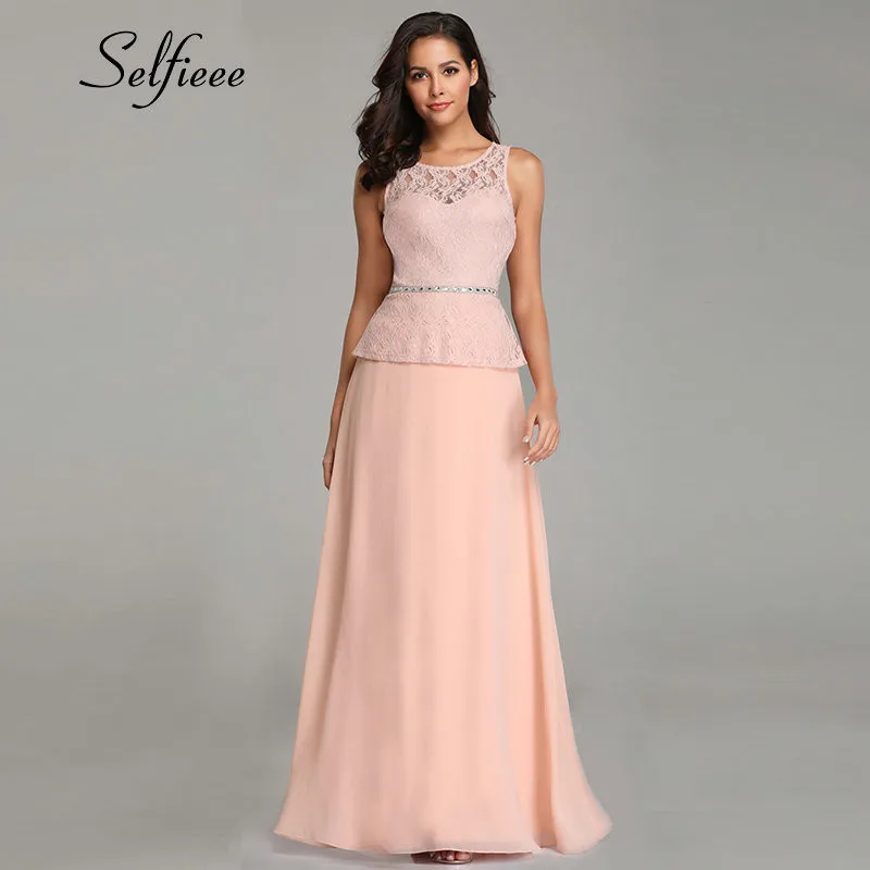 

Elegant Pink Dress Women 2019 New Fashion A Line O Neck Lace Top Long Spring Dress Chiffon Dress Fake Two Pieces Dress Vestidos