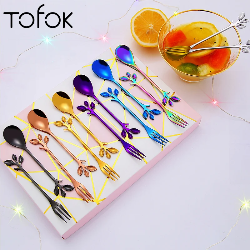 

Spoon Tableware Cutlery Fork Coffee Stirring Book Stainless Steel Gift Branch Leaf Fruit Nordic