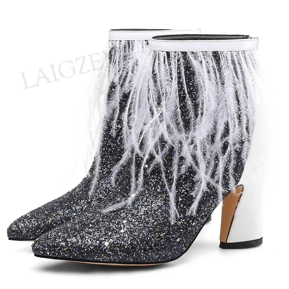 

LAIGZEM Charming Women Bling Ankle Boots Feather Chunky Heels Zip Short Boots Show Cosplay Ladies Botines Mujer Big Size 34-43