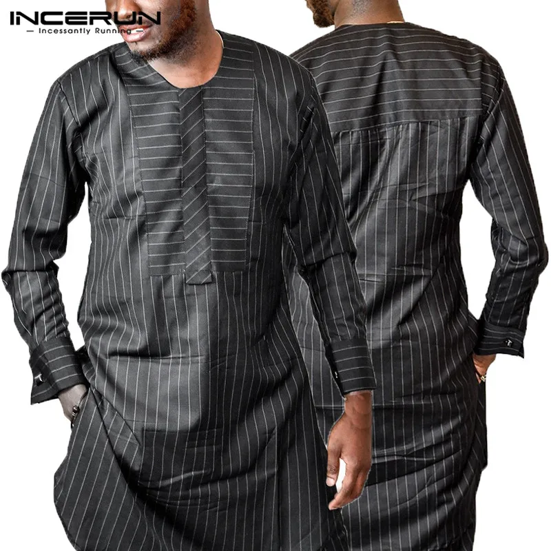 

African Dress Robe Dashiki Mens Shirts Long Sleeves Fashion Black Gown Striped T-shirt Kenya Nigeria Africa Clothing Kaftan Robe