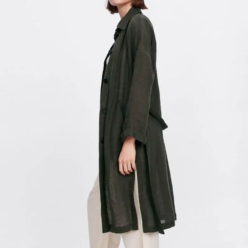

Women Trench Spring 2019 New Fashion Linen Material Sashes Pocket Modern Lady's Long Coat Casual Outwear