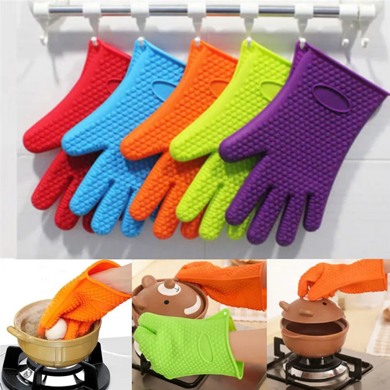 Silicone Oven Gloves Heat Proof Resistant Kitchen BBQ Cooking Mitts Pot