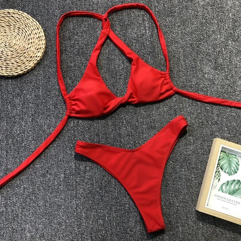 

Swimsuit Women High Cut Two Piece Sexy Swimwear Push Up Bandage Cross Back Bathing Suit For Women Solid Mid Waist Micro Bikinis