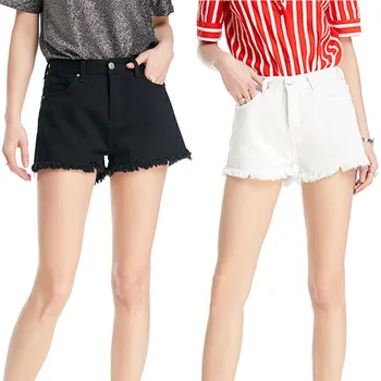 

Summer Women High Waist Denim Shorts Hot Sale Ladies Casual Hot Washed Ripped Short Mini Jeans Fashion Pure Color Tassel Shorts