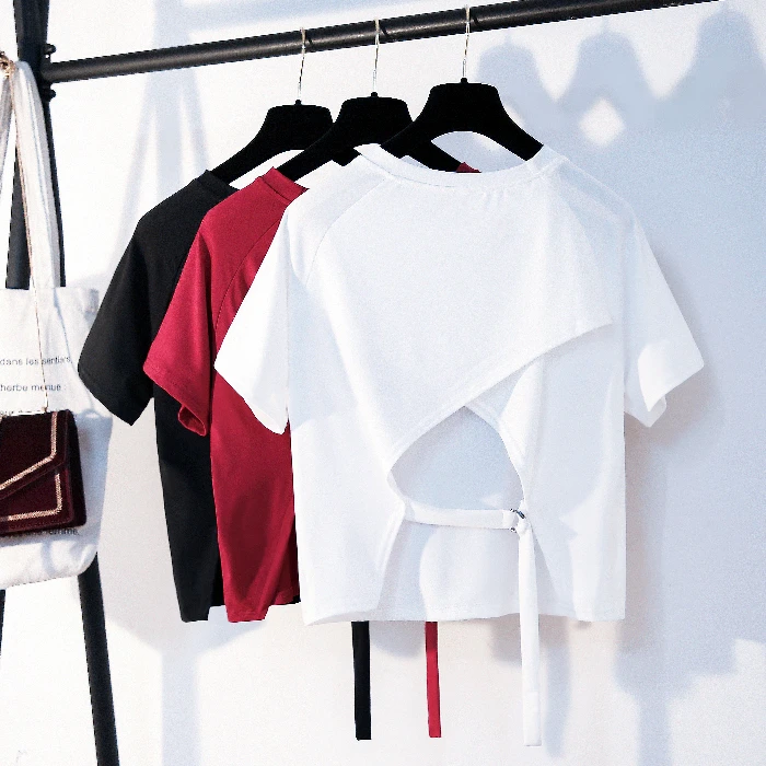 

Summer Girls Fashion Backless Short Sleeve Chic Cropped T shirts Ladies Solid O-neck Tshirt Tees Shirts Crop Tops