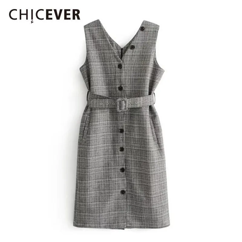 

CHICEVER 2019 Autumn Plaid Dresses For Women V Neck Sleeveless Suspender High Waist Single Breasted Mini Dress Fashion Clothing