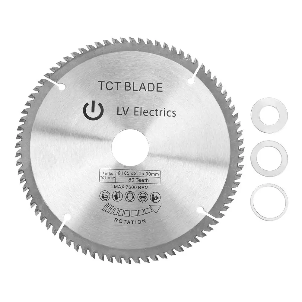 

185mm Silver TCT Circular for Wood Cutting 80 Teeth + 3Pcs Reduction Rings Tool