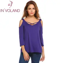 Women Casual 3/4 Sleeve V Neck Cold Shoulder Criss Cross Solid Loose Pullover Top Women Casual 3/4 Sleeve V Neck Cold Shoulder Criss Cross Solid Loose Pullover Top