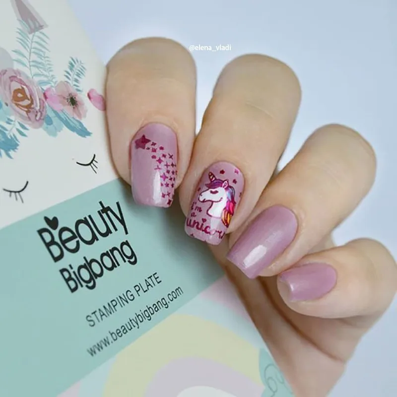 BeautyBigBang пластины для стемпинга ногтей милый Единорог радуга облако