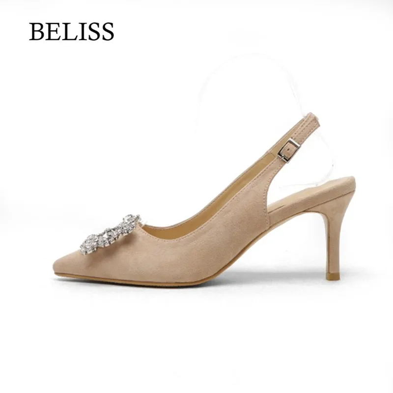 

BELISS Women Sandals High Heels Summer Rhinestone Mature Ladies sandals Pointed Toe Buckle Strap Women Sandals Pumps Shallow S48