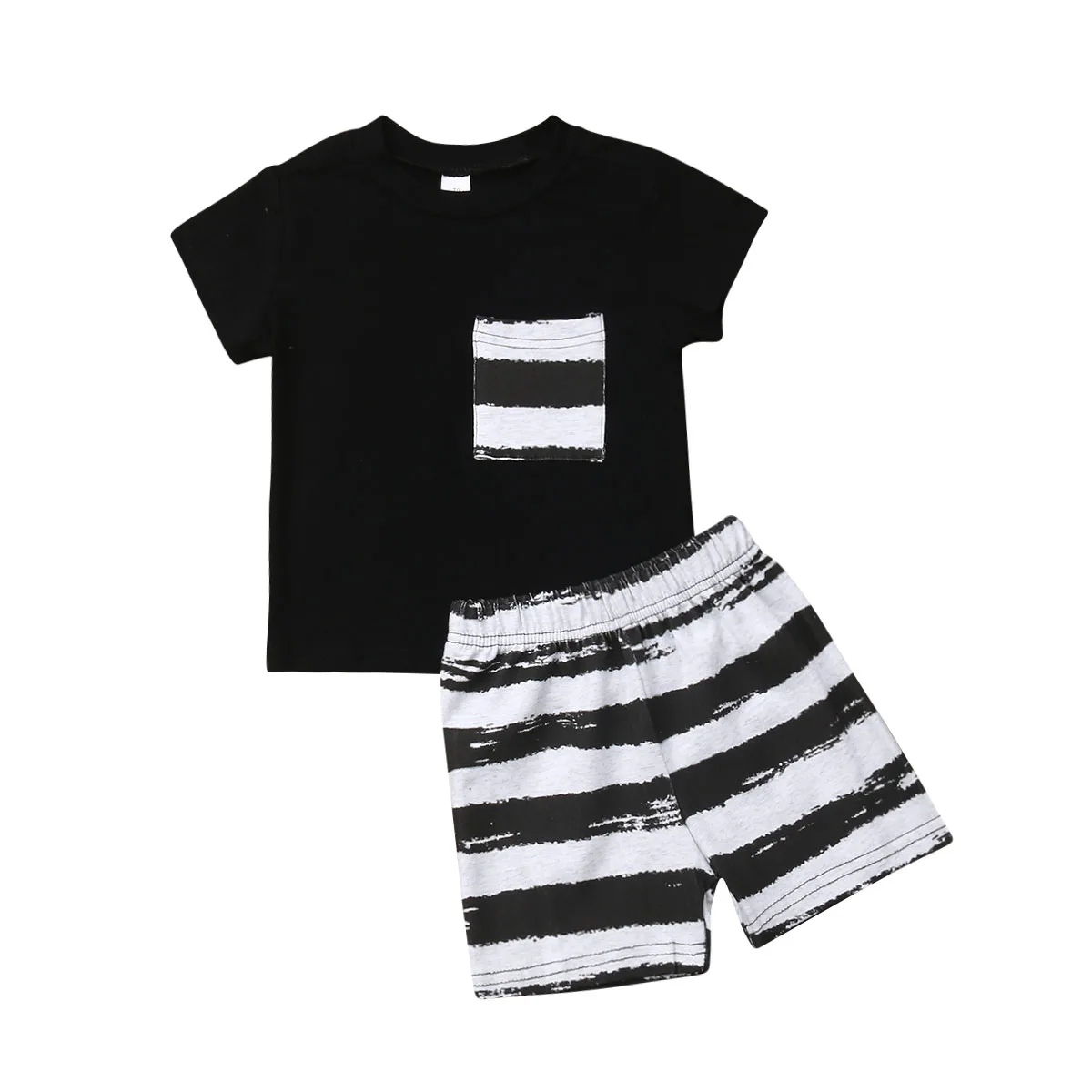 Комплект модной одежды из 2 предметов для маленьких мальчиков, костюм для новорожденных, футболка в полоску с карманом + шорты, комплект