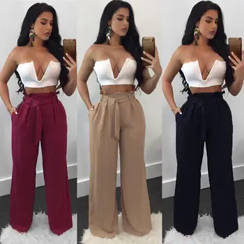 

2018 Women Clothes High Waist Palazzo Denim Look Wide Leg Pants Long Loose Sashes Pants Culottes Trouser