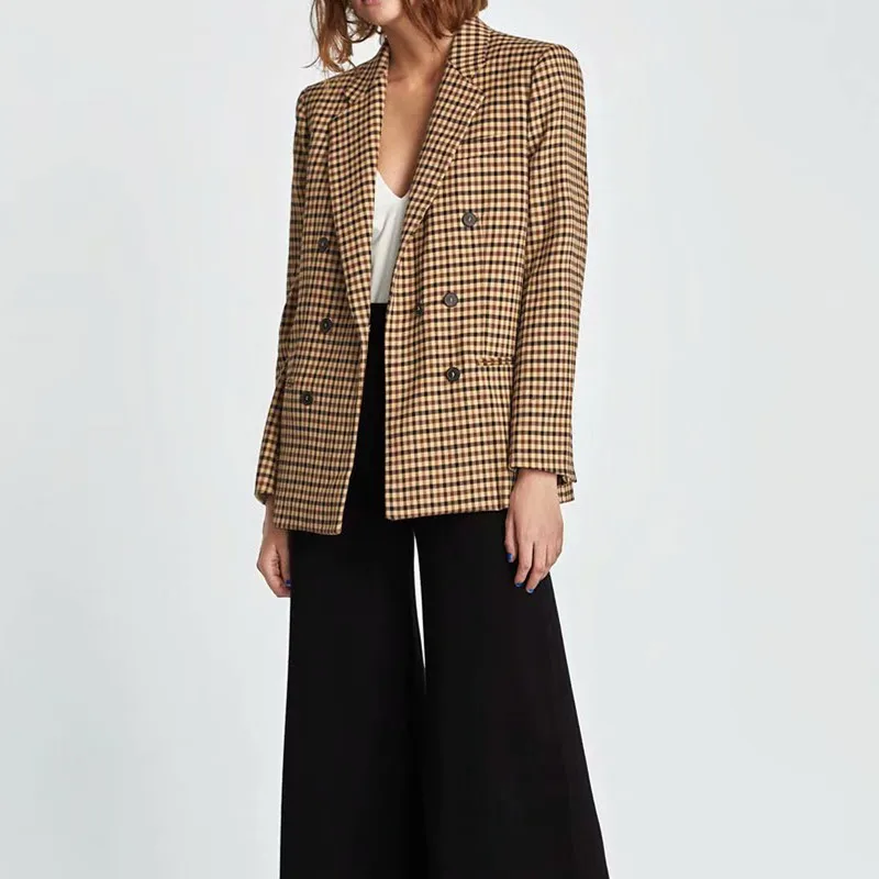 New V-Neck Turn-Down Collar Plaid Blazer Coat Vintage Woman Double Breasted Long Sleeved Jacket Casual Checked Loose Coats