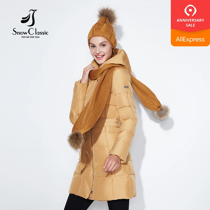 Snowclassic зимняя куртка Бесплатная шарф Hat Тонкий Пальто и пуховики женские Теплая