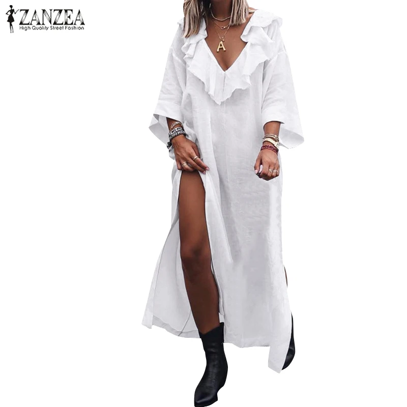 الصيف ميدي اللباس المرأة الكشكشة فستان الشمس ZANZEA 2019 مثير V الرقبة Vestidos الإناث 3/4 كم الشاطئ اللباس قفطان انقسام رداء فام