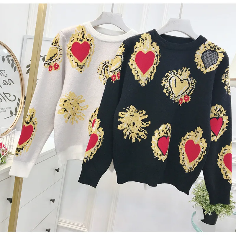 Goedkoop Herfst Mode Vintage Hart Print Trui Gebreide Vrouwen Jumpers Pull Jeugd Femme Tender Mooie Elegante Klassieke Super Explosie