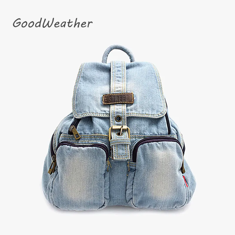 Kopen Casual Kleine Blauwe Denim Rugzak met Cover Hoge Kwaliteit Vrouwen Dagelijks Rugzakken voor Reizen 2 kleuren Casual Jeans Zak