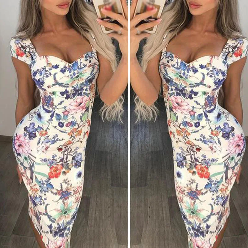 

Ladies Dress Floral Vintage Casual Hips Wrapped Slim Fit Knee Length Cocktail