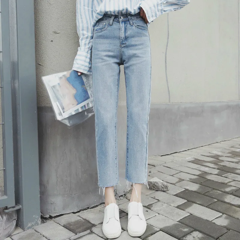 

Ripped Jeans Spring Summer Women Washed Denim Pants Casual High Waist Straight Pants Female Ankle Length Jeans