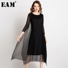 [EAM] новое осенне-зимнее черное Сетчатое плиссированное платье с круглым вырезом и длинным рукавом для женщин JR085