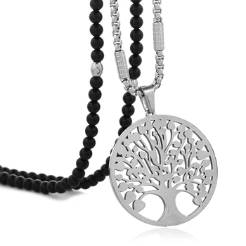 

Stainless Steel Life Tree Pendant Necklace with Black Natural Stone Necklace 27 inch Chain
