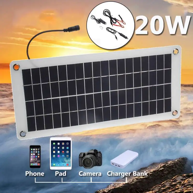 

25W 12v/5v Solar Panel USB Power Bank Board External Battery Charging Solar Cell+Crocodile Clip+Cigarette Lighter+Car Charger