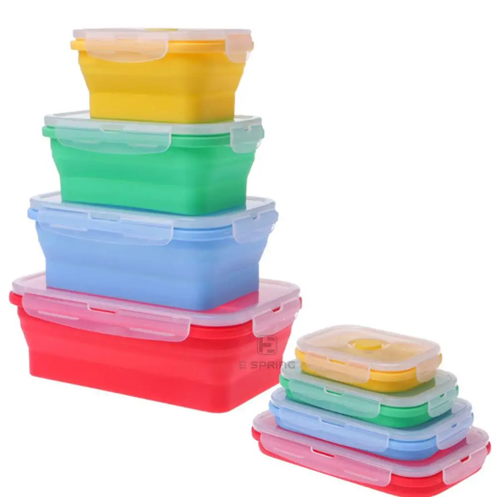 

4PCS Silicone Heat Resistant Foldable Sealed Lunchbox Preservation Food Container Bento Box with Lid Outdoor Travel Eco-friendly