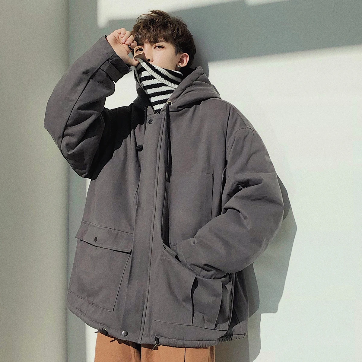 2018 зимняя мужская повседневная свободная однотонная утепленная овечья шерсть хлопковая стеганая одежда пальто с капюшоном теплая