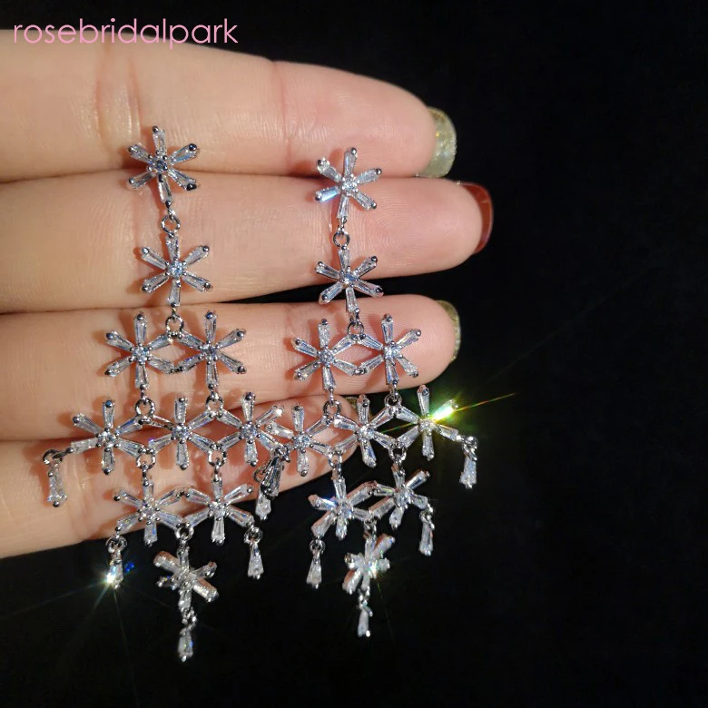 

Rosebridalpark High Quality Luxury Flower Cubic Zirconia Women Statement Long Drop Earrings Wedding Party Bridal Jewelry Gift
