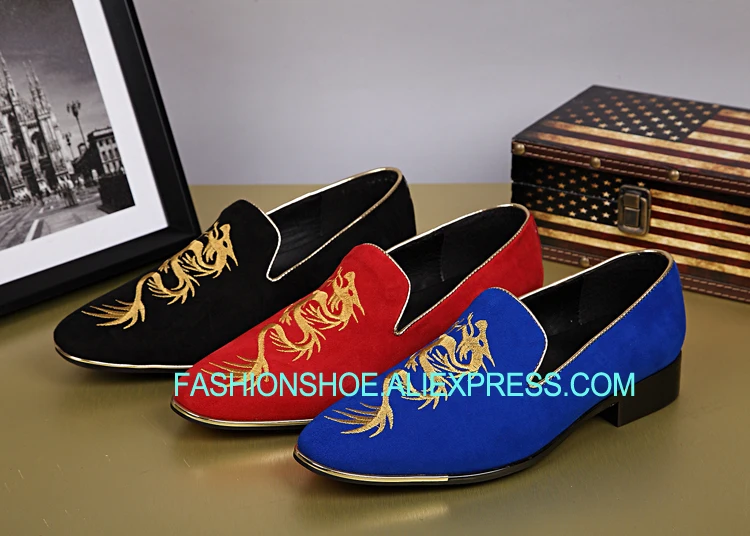 

Black Red Blue Mens Loafers Shoes Flats Genuine leather Embroidery Dragon Flats Slip on Dress Wedding Shoes Male Oxfords Size 46
