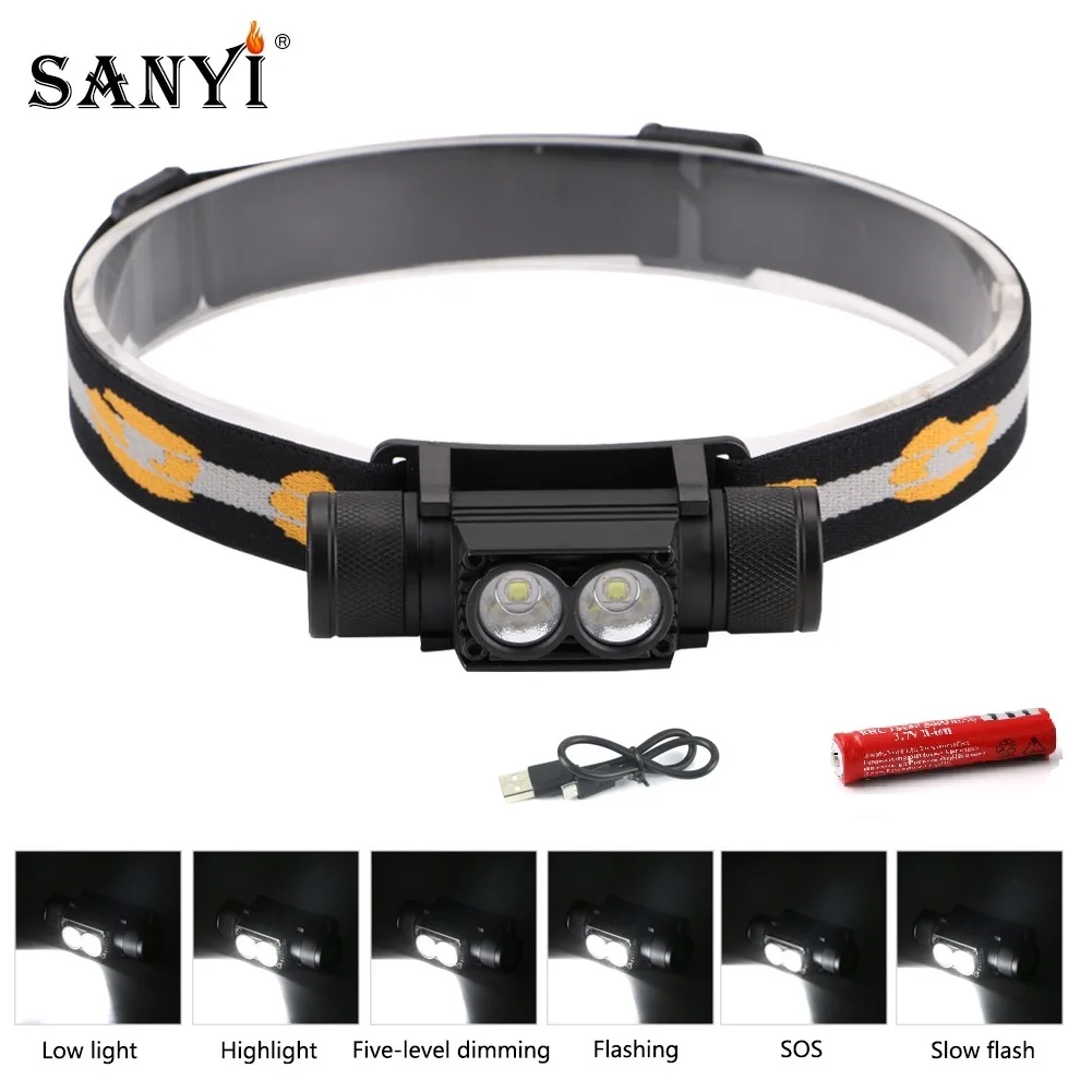 Sanyi 3W XM-L2 LED Headlight Mini White Light Flashlight USB Charging 18650 Headlamp Forehead Torch For Camping Fishing Hunting