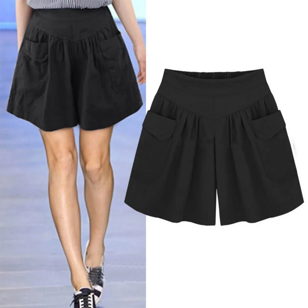 Черные короткие женские летние шорты больших размеров с оборками и карманами с эластичной резинкой на талии шорты с высокой талией уличный