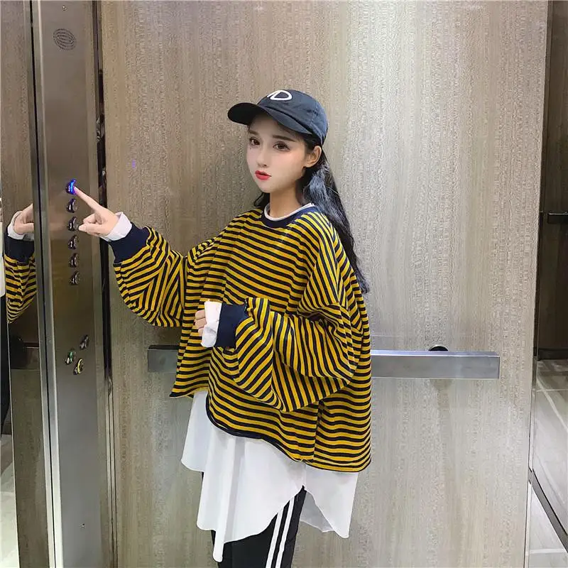 2019 новая весенняя Корейская женская футболка Harajuku полосатые Свободные