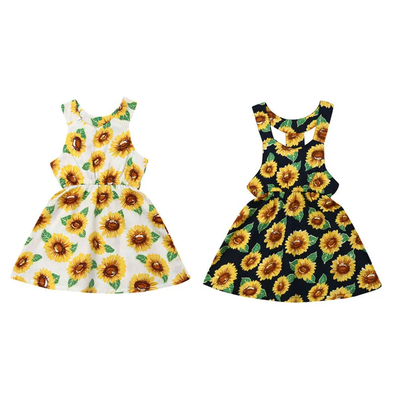 

Lovely Summer Kids Baby Girl Sunflower Dress Sleeveless Strappy Dresses Backless Floral Sundress Girl Cotton Clothes 1-5Y