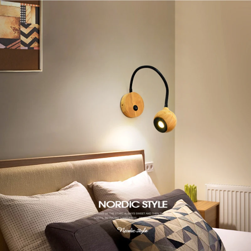 Скандинавский деревянный настенный светильник с гибкой трубкой, прикроватный светодиодный светильник для чтения кровати, регулируемый на 360 градусов деревянный настенный светильник для гостиной и спальни