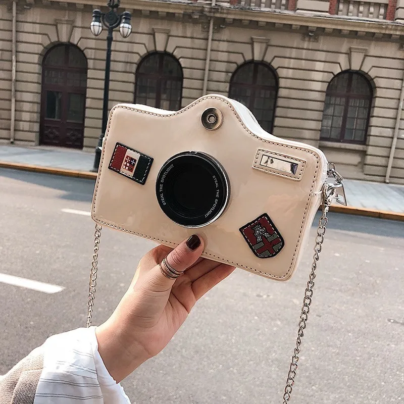 

European Fashion Camera Shape Messenger Bags Hot Sale Patent Leather Flap Purses For Girls Chain Female Shoulder Crossbody Bags