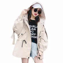 Женская ветровка на весну и осень, новая Базовая куртка, модное Свободное пальто на молнии с капюшоном, верхняя одежда с завязками на талии, PJ254