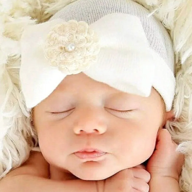 1Pc Baby Flower Hat Newborn Girl Cotton Beanie Cap Pearl Flower Infant