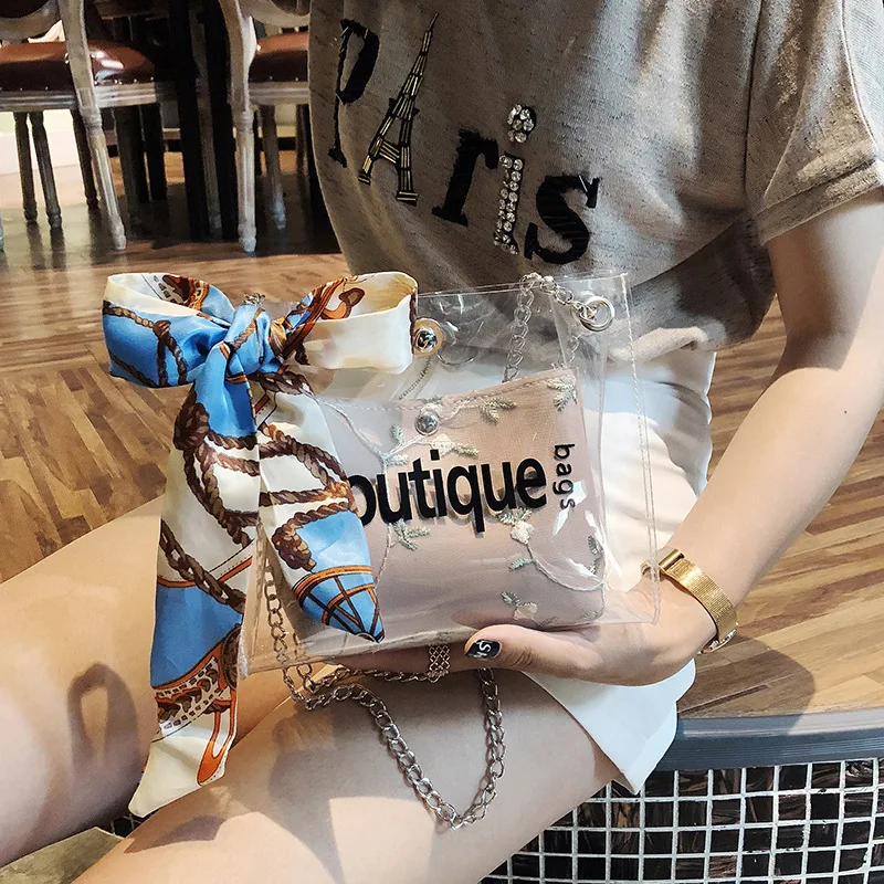 

2019 New Summer Women Fashion Letter Bowknot Letter Pvc Transparent Crossbody Bags Woman Messenger Bags Female Bucket OC111