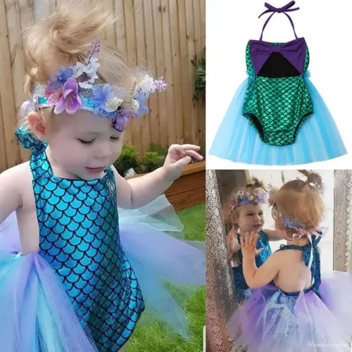 

Baby Girls Halter Mermaid Romper Dress Summer Outfit Tutu Skirt Party Beachwear