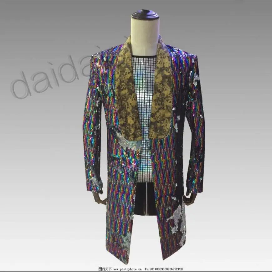 

New Men Sequins Disco Bar Singer Blazers Coat Long Ceremonial Costume Host Formal Dress blazer masculino slim fit